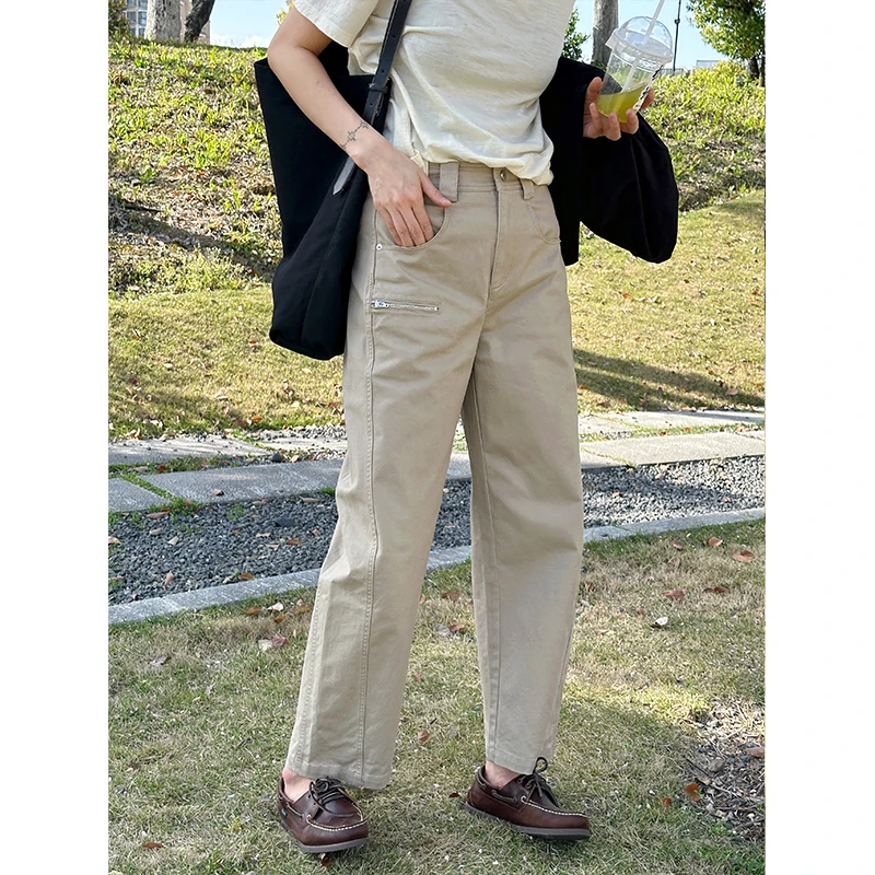 LANGQING 贾桂琳美式九分直筒工装镰刀裤棉质休闲裤41690#