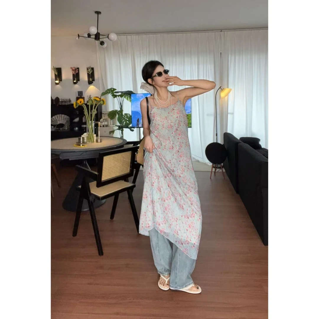 （蔚蓝海岸）韩标2025夏季新款温柔风碎花吊带连衣裙女甜美长裙C597