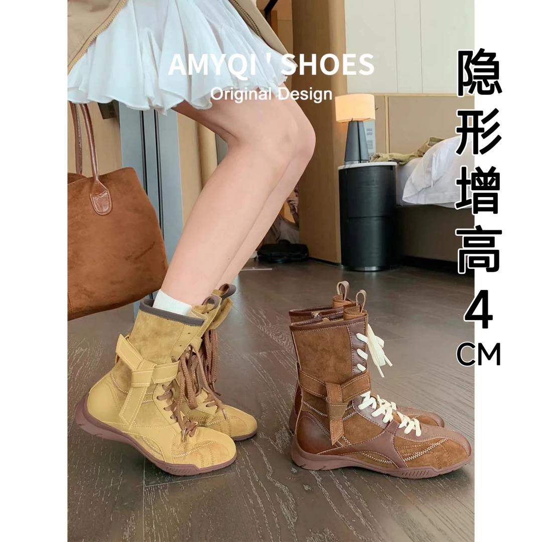 自留版~复古拳击靴内增高马丁靴女2025新款小众西部风绑带短靴子