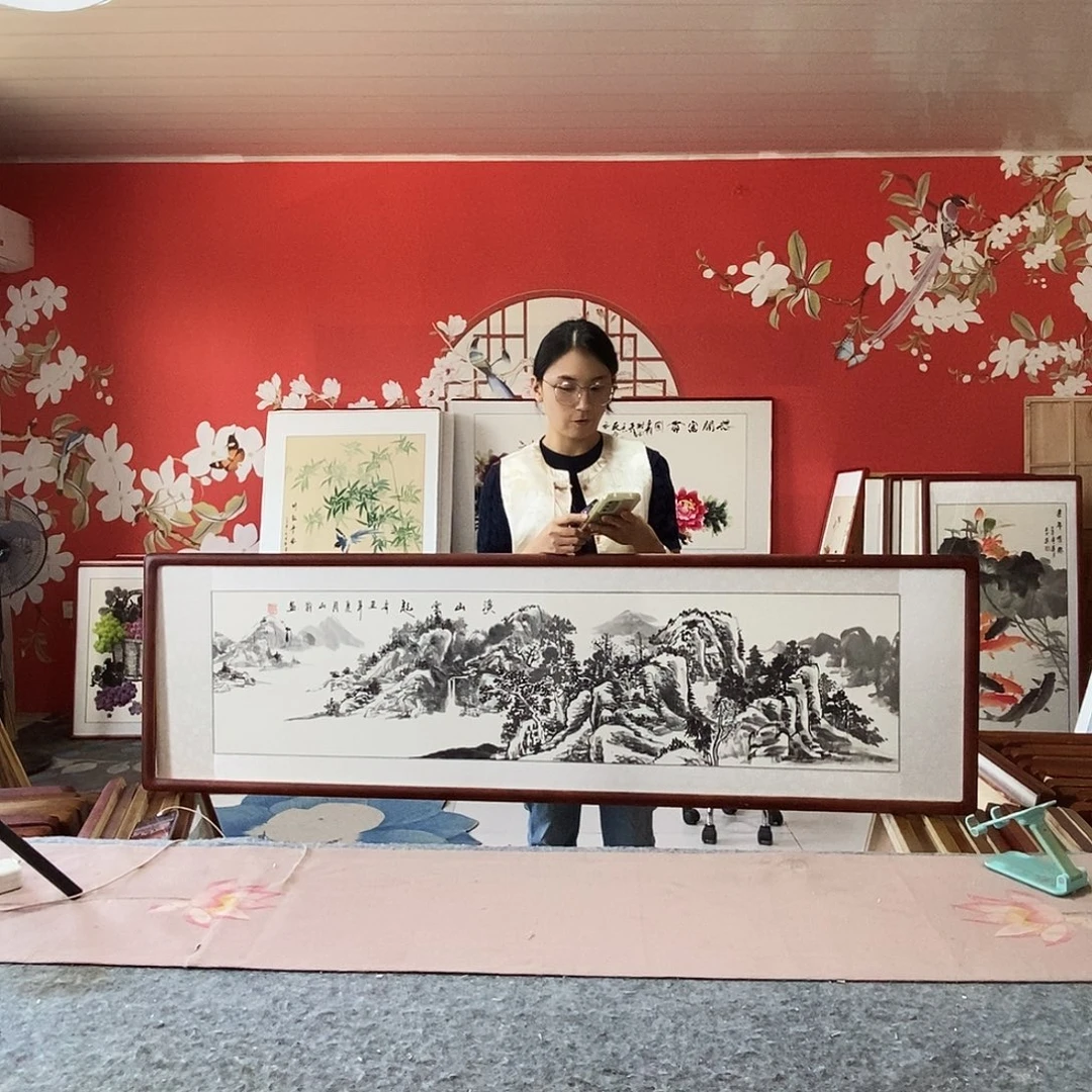 国画手写手绘国画作品带框包邮47✖️162