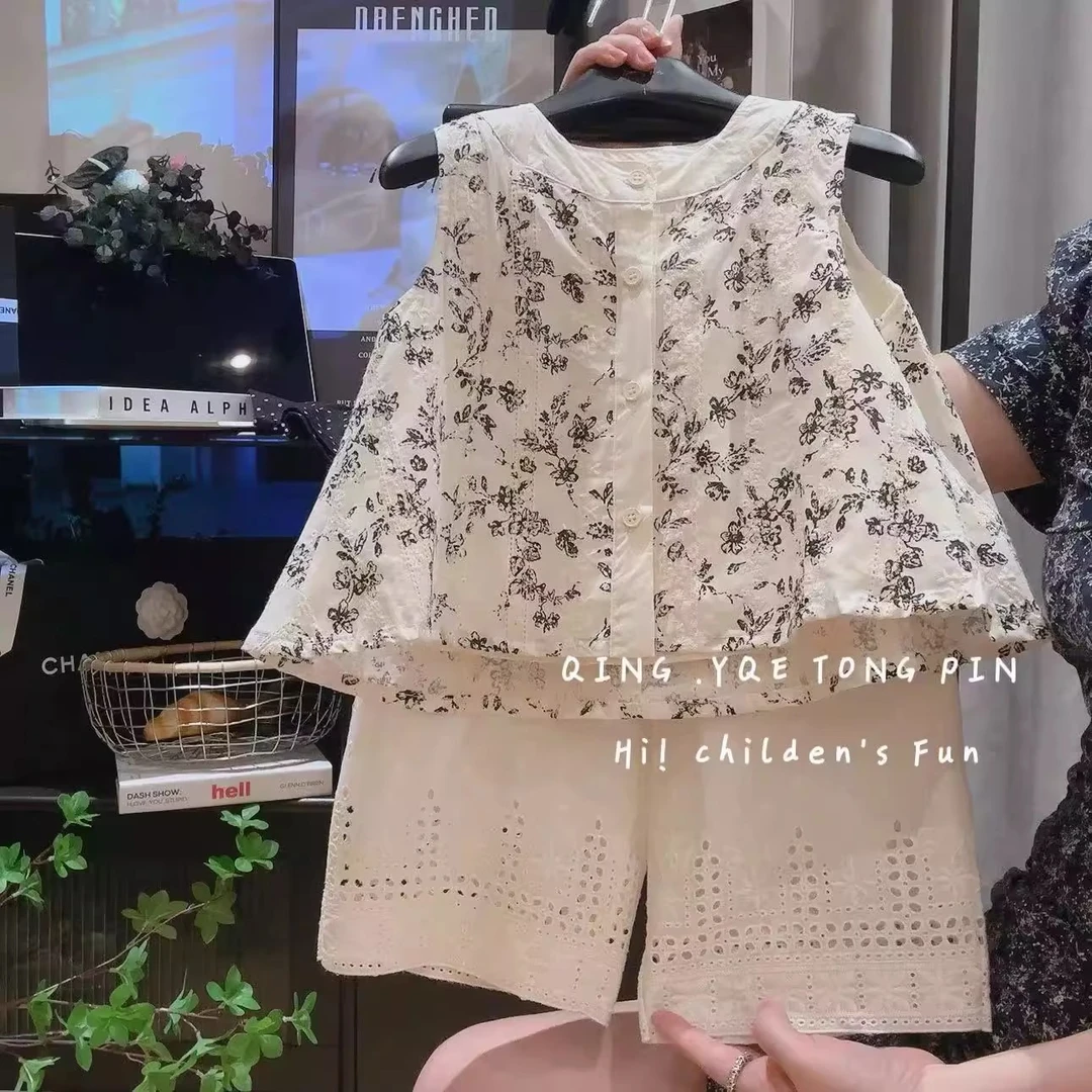 女童套装2025夏季新款儿童韩版女童田园风碎花刺绣两件套宝宝棉麻