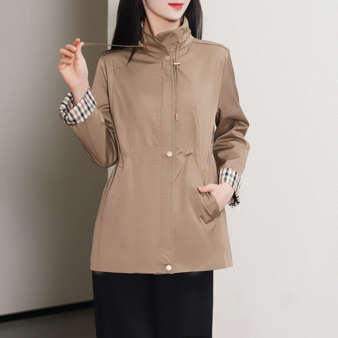 【春季新款】英伦风时尚立领撞色拼接收腰外套BQ4189 衣长69