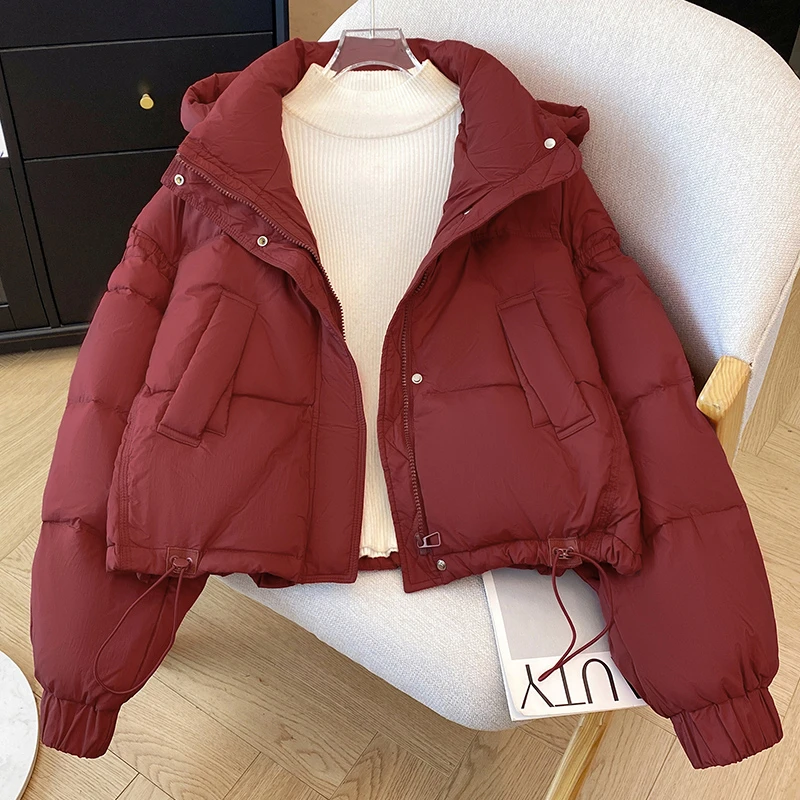 本命年红色保暖连帽面包服女2024冬季新款小个子减龄防寒服外套