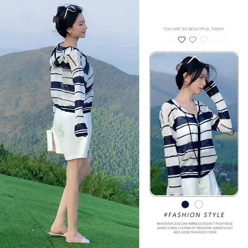 韩版条纹连帽拉链短外套女夏季2025年新款设计感宽松时尚百搭上衣