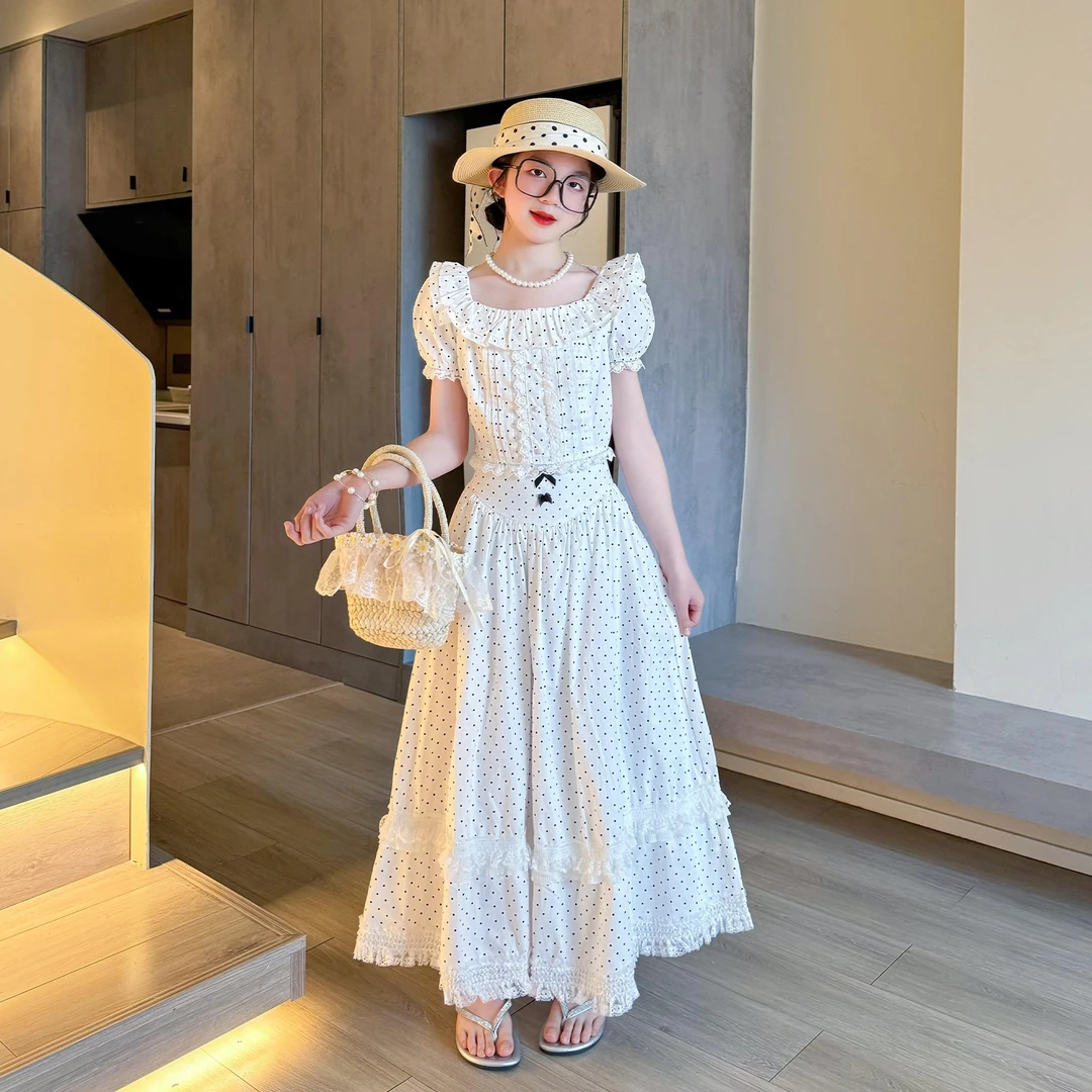 巴拉童年女童波点连衣裙夏季田园风青少年女孩套装裙高级
