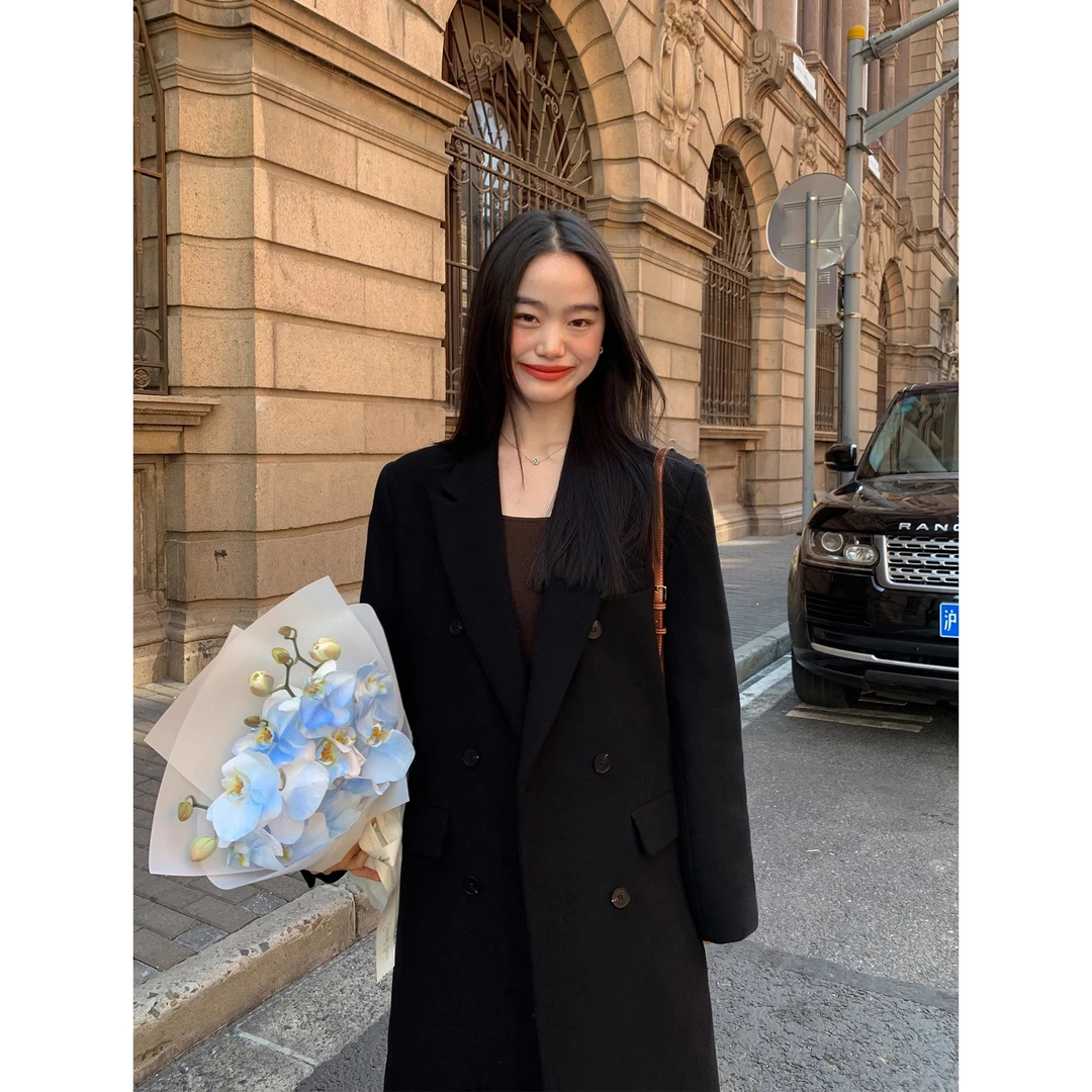 大码黑色显瘦毛呢外套女胖mm秋冬韩系长款高级感气质宽松呢子大衣