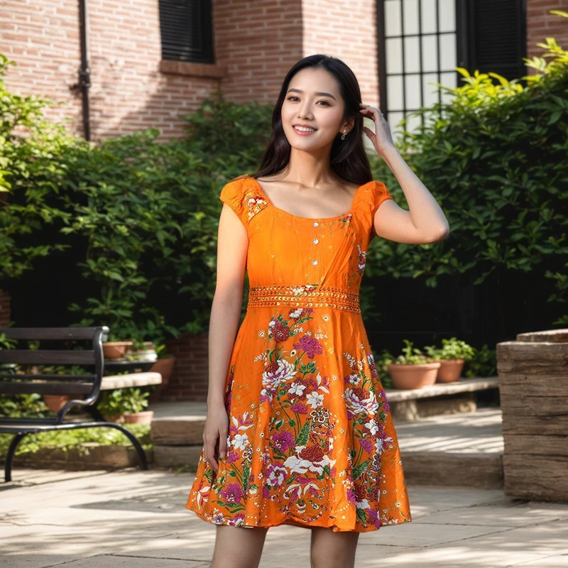 泰国手工钉珠民族风连衣裙修身少女风国风碎花时尚夏季显瘦女装