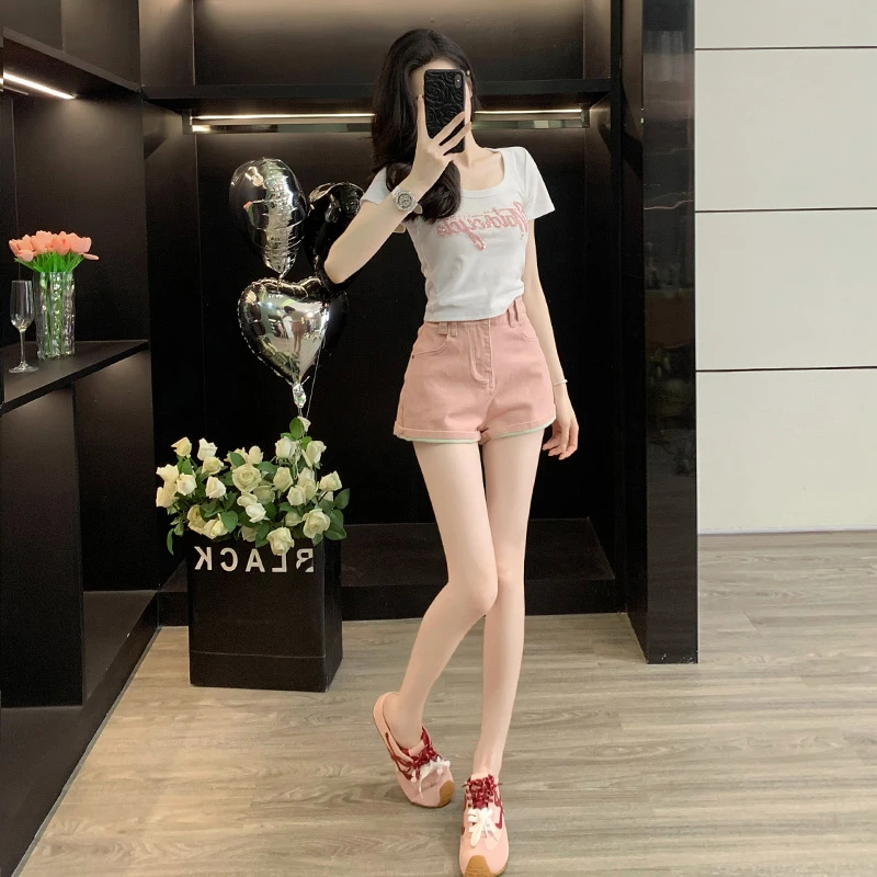 白色短袖T恤女夏2025新款短款辣妹上衣高腰水洗A字牛仔短裤热裤子