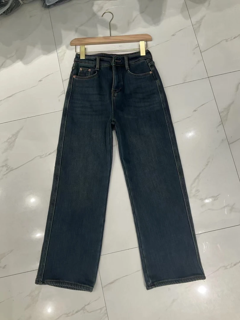 冬季加厚加绒窄版阔腿裤直筒裤牛仔女裤长94cm货号8863