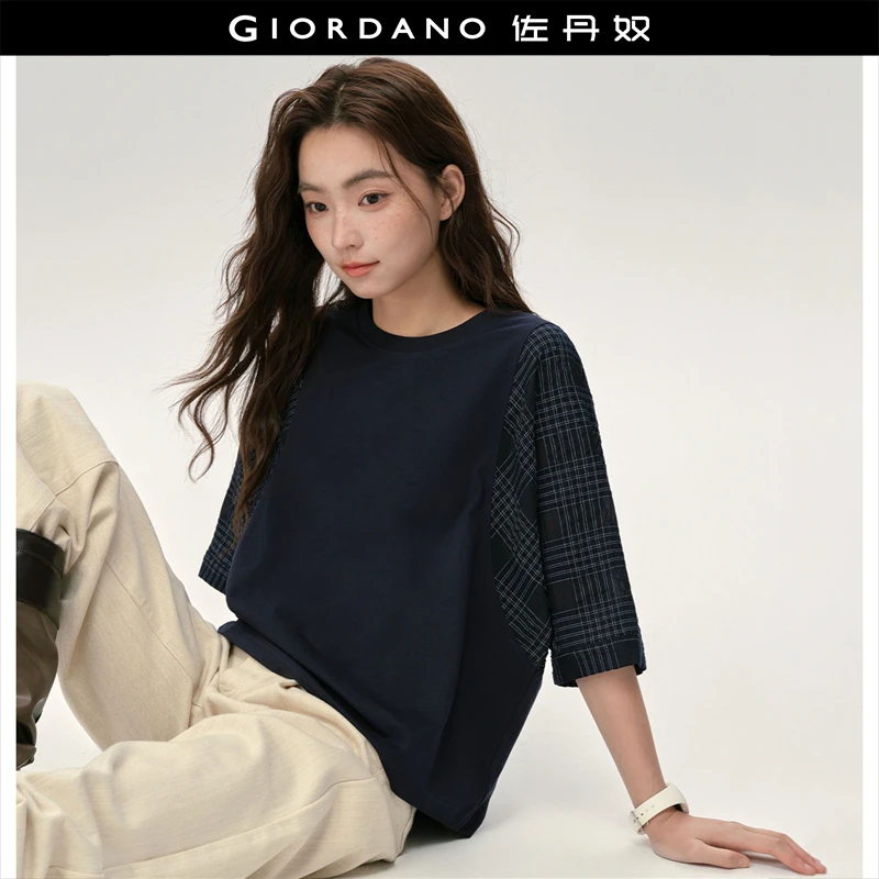 佐丹奴拼接格纹T恤女装设计师款夏季时尚圆领蝙蝠袖T恤 18325215