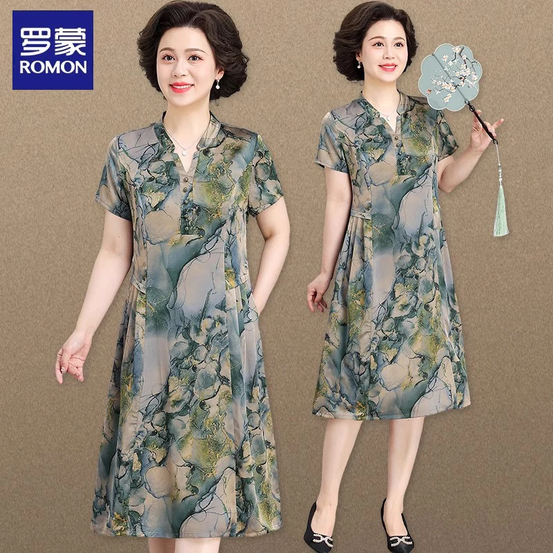 罗蒙新中式妈妈连衣裙夏装端庄大气中老年夏季裙子女40岁50阔太太