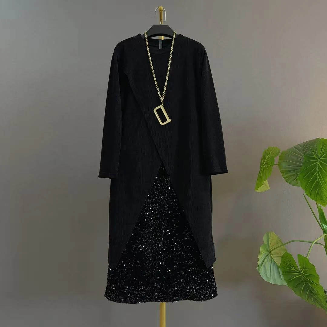 简约风休闲风时尚套装中长款百搭复古女装时尚上衣+洋气亮片半裙