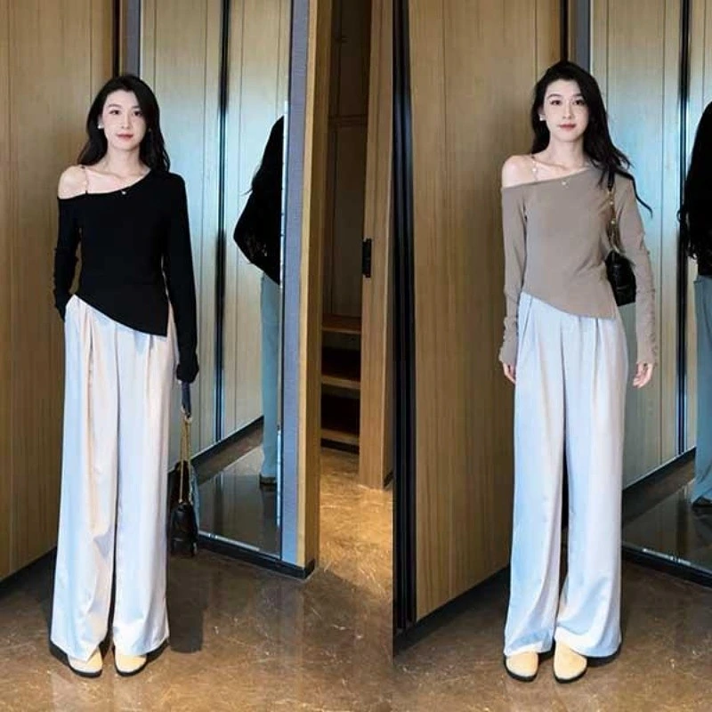 秋季露肩不规则设计感修身显瘦上衣+高腰阔腿裤气质显瘦两件套女