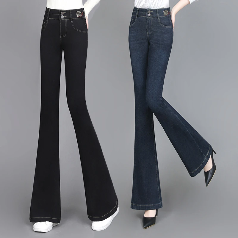 2025春秋冬季刺绣修身显瘦简约牛仔裤休闲复古时尚喇叭长裤女