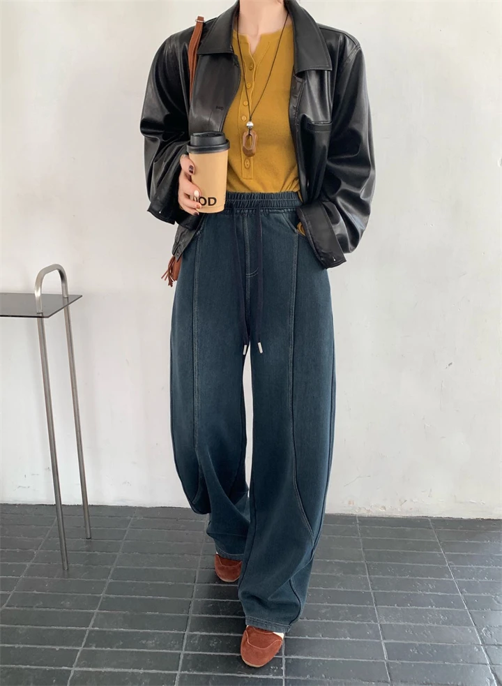 今年流行~美式宽松加绒弯刀牛仔裤秋冬加长运动休闲阔腿拖地长裤