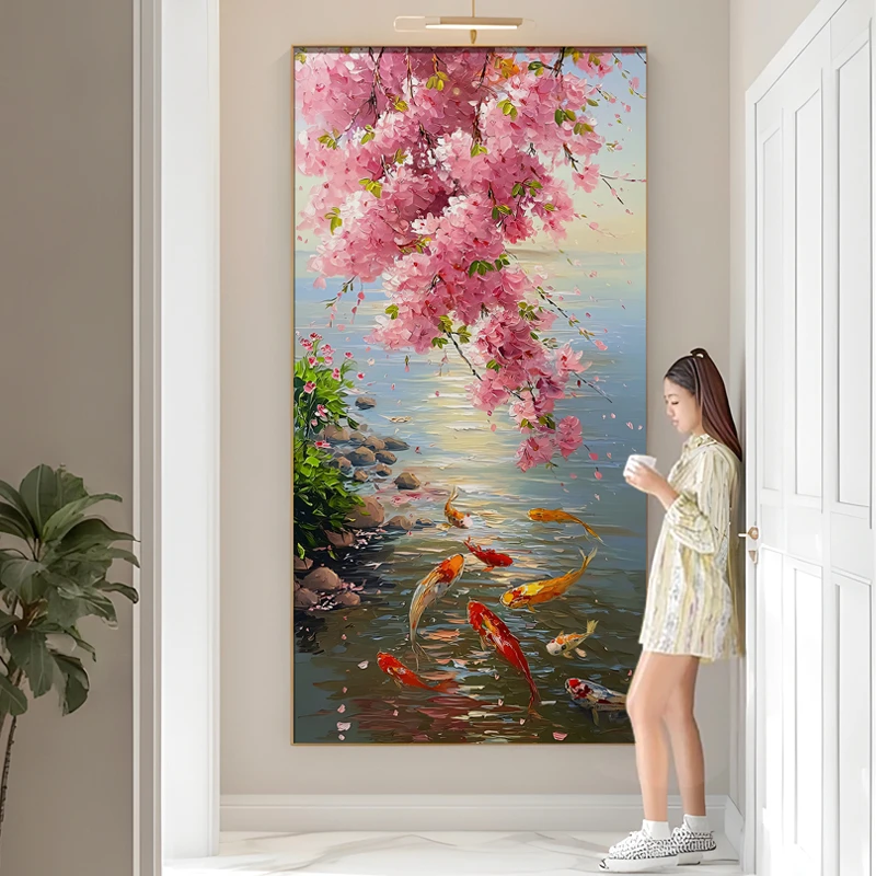 《富贵有余》纯手绘油画九鱼图玄关装饰画入户正对门走廊过道挂画
