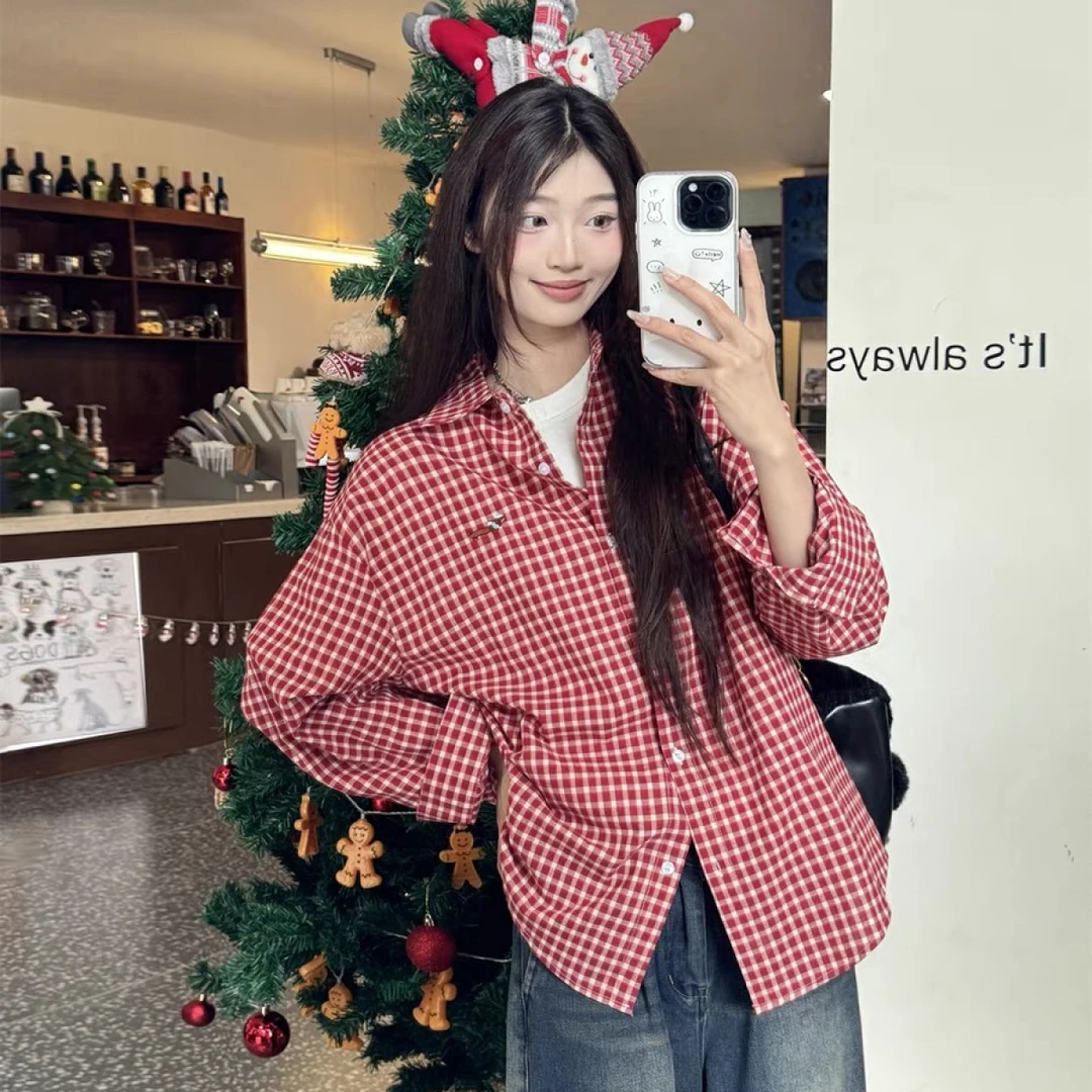 格子腊肠小狗刺绣宽松长袖衬衫休闲外套百搭2025春季新款衬衣上衣