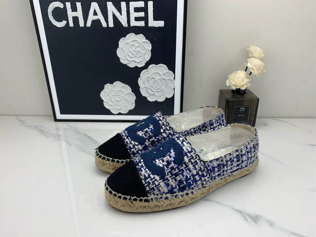 95新 Chanel/香奈儿 蓝色毛呢渔夫鞋 37码/jm01260