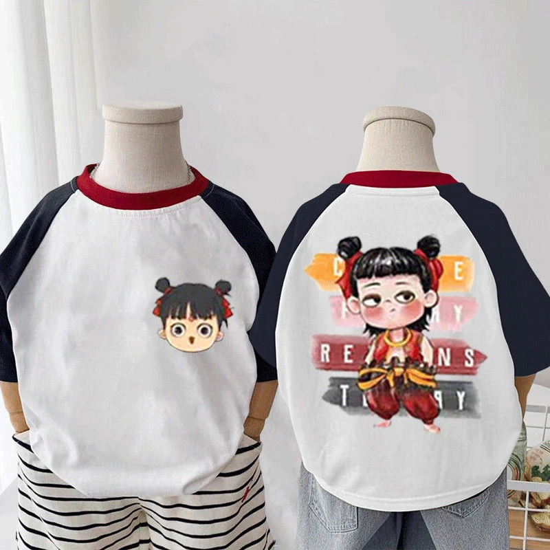 新款儿童卡通纯色哪吒短袖T恤拼接休闲百搭中大小男女儿童宝宝潮t