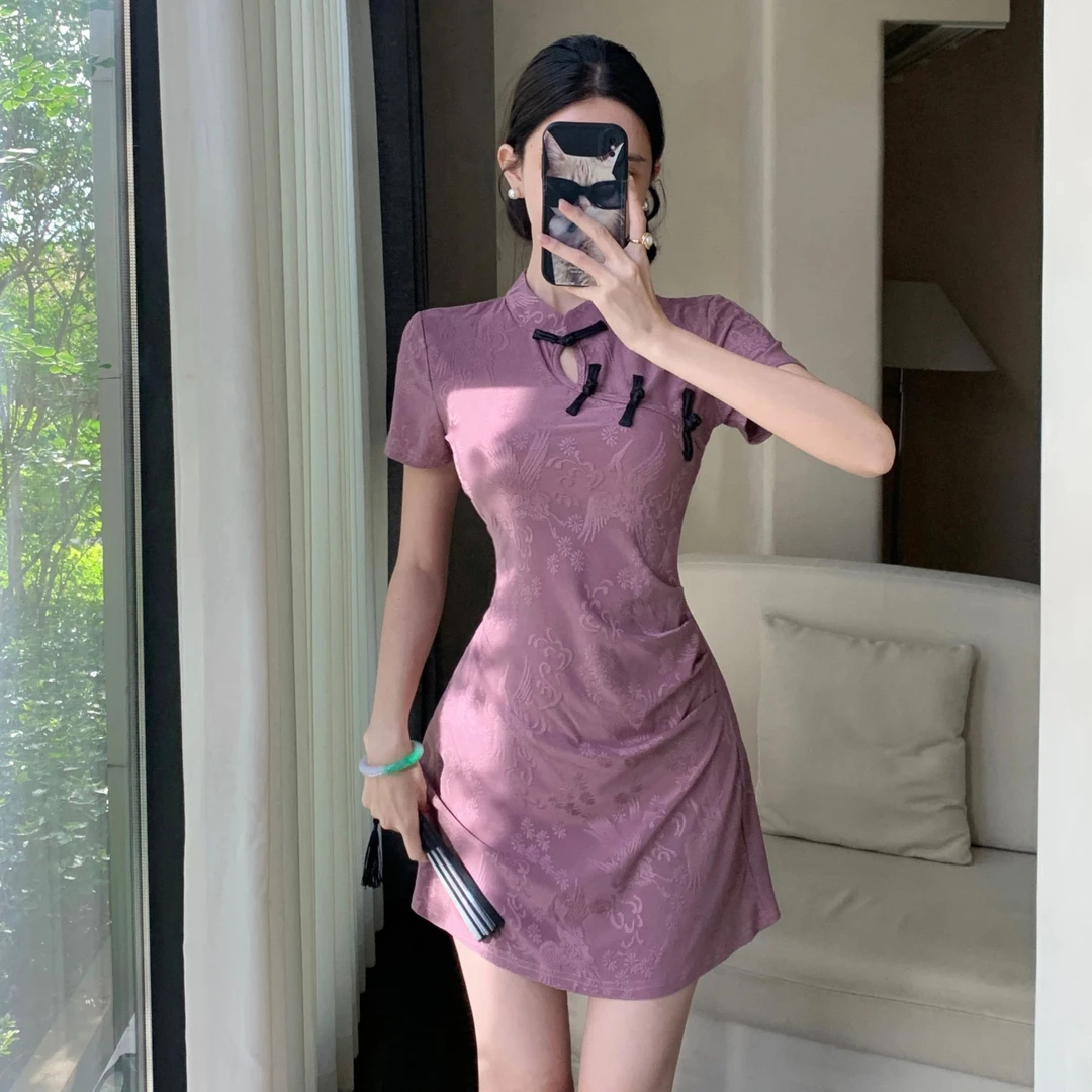 新中式国风少女款旗袍连衣裙女高级感时尚气质收腰褶皱包臀短裙