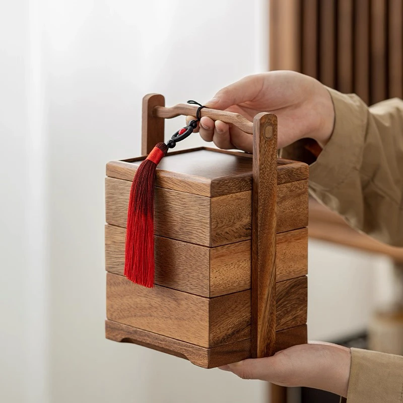 【工厂定制】木质果盒三层提篮新中式果盘客厅茶几家用零食实木果盒