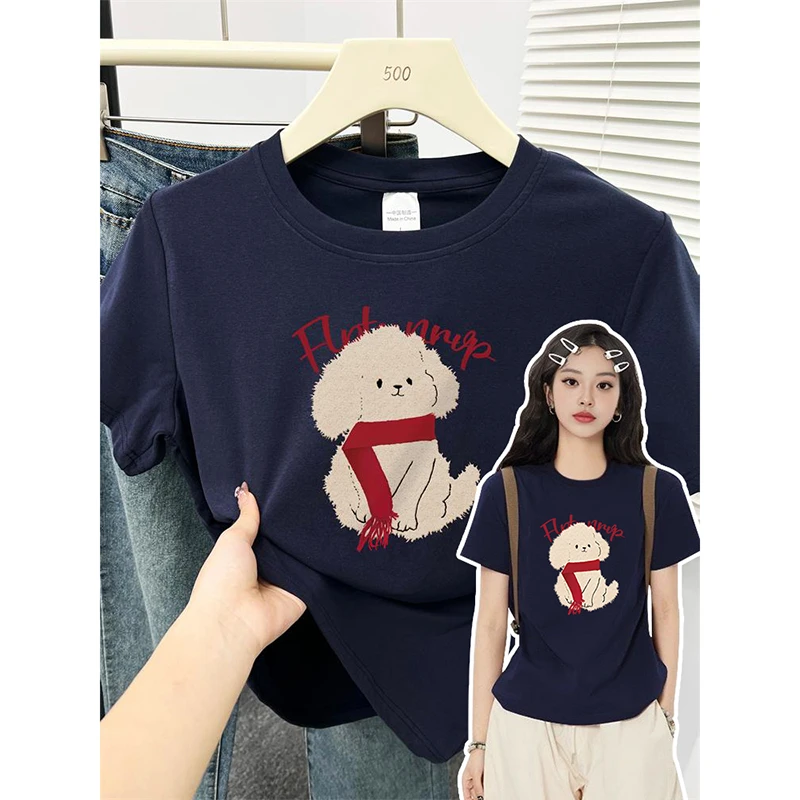 韩版卡通减龄正肩短袖t恤女高弹力显瘦穿搭微胖女生修身大码上衣