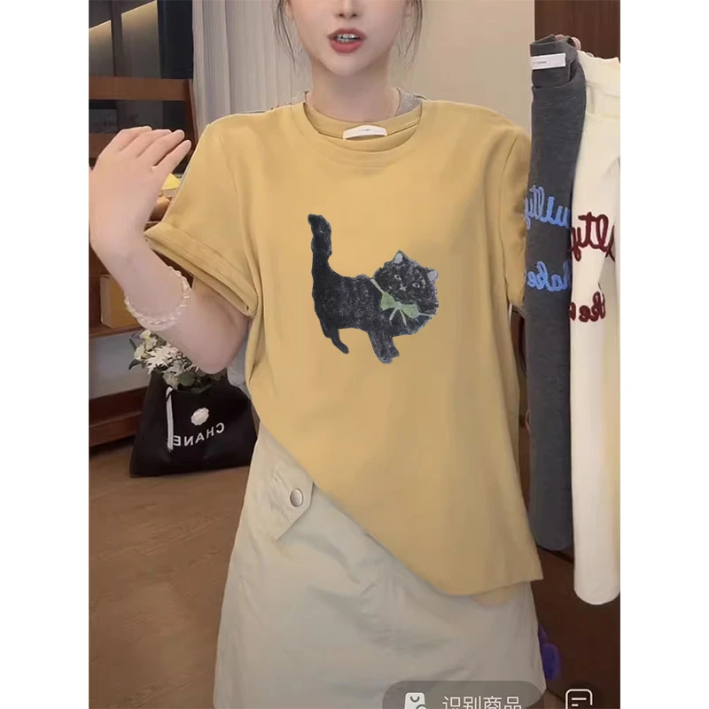 黄色正肩纯棉短袖T恤女装ins洋气时尚百搭减龄上衣薄款2025夏季潮