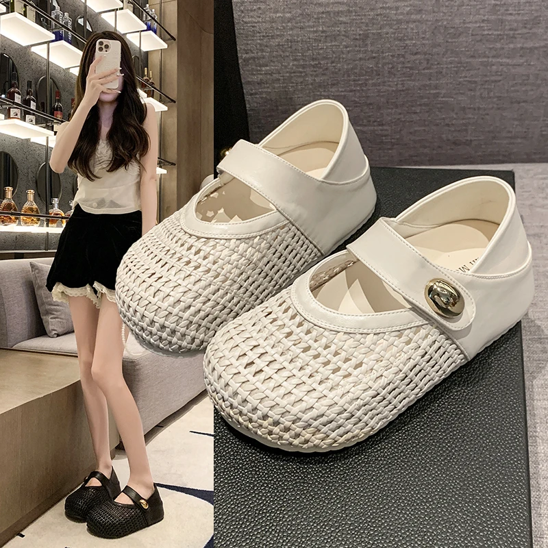 厚底内增高勃肯鞋女网面镂空编织单鞋2025新款夏季配裙子玛丽珍鞋