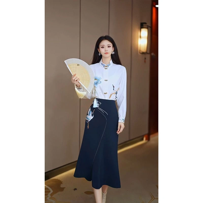 芙娜妮新款新中式设计衬衫加厚长袖百搭小个子气质两件套F2333695