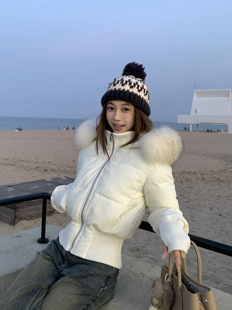 25年小海鸥冬季大毛领连帽收腰棉袄女高级感时尚气质加厚保暖外套