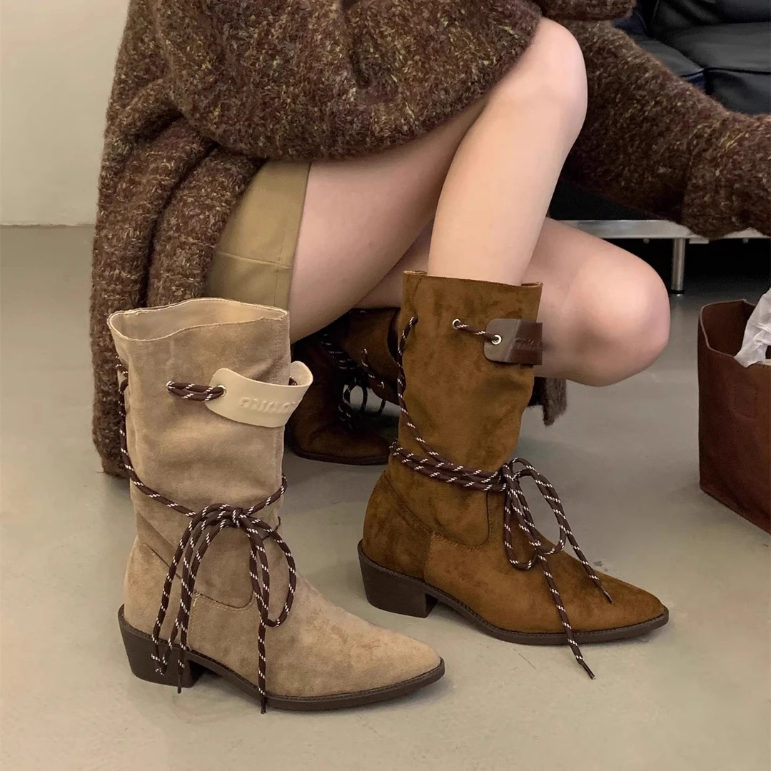 美拉德西部牛仔靴子女2025秋冬新款小众绑带中筒靴尖头短靴骑士靴