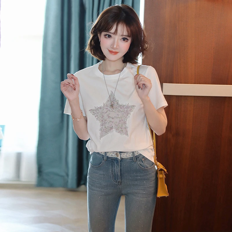 【现货】MIUCO五角星刺绣亮片圆领正肩短袖白色百搭T恤