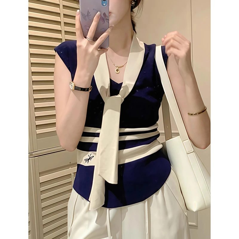 法式夏季新款气质披肩冰丝针织衫女修身显瘦条纹休闲无袖减龄上衣