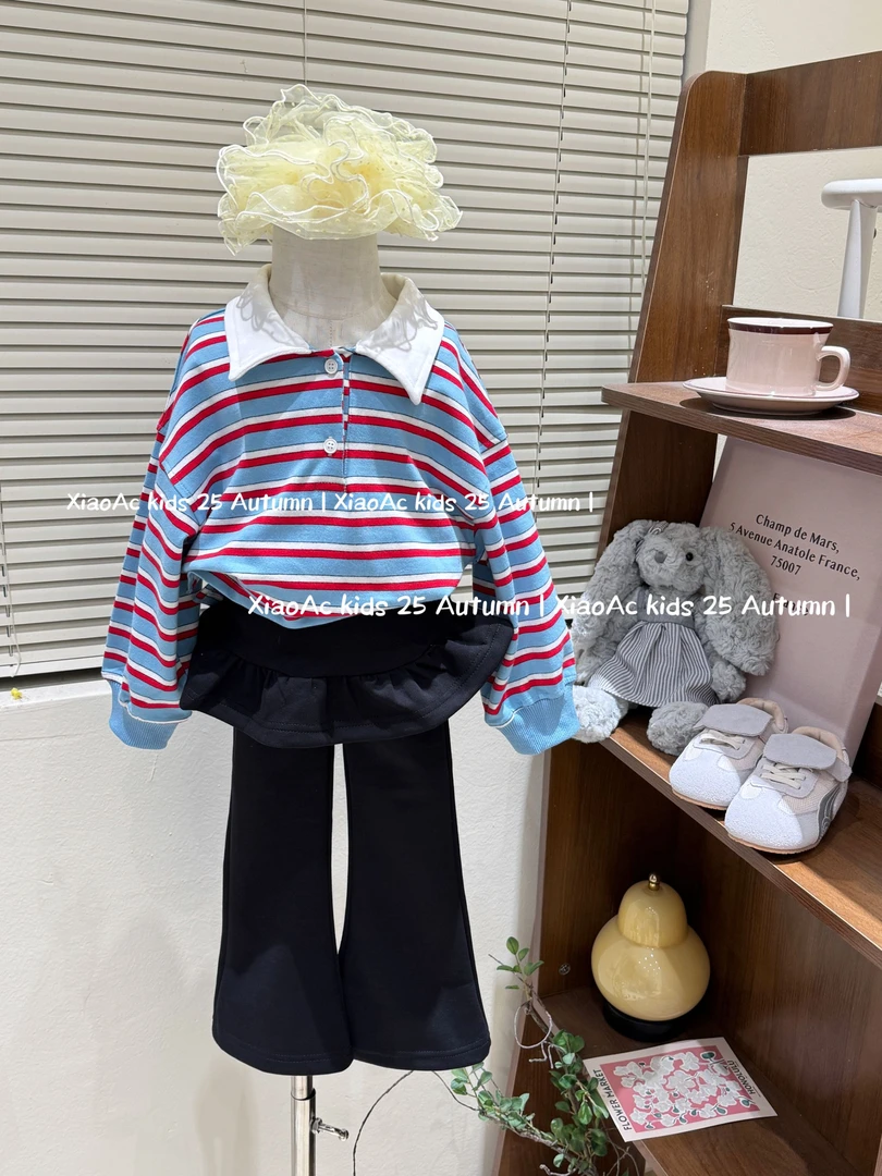 韩系穿搭2025秋季新款女童洋气条纹POLO衫宽松上衣女宝时髦屁帘裤