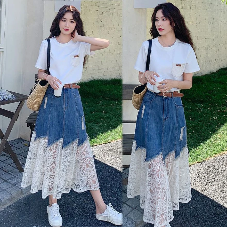 高级小众不撞款穿搭蕾丝拼接牛仔半身裙短袖套装女夏巨好看一整套