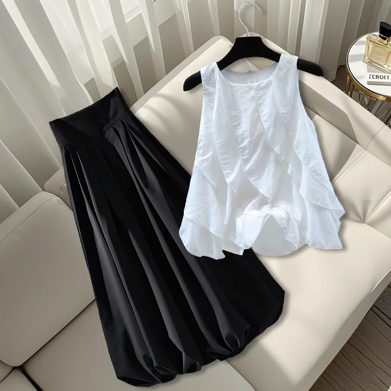 夏季休闲套装2025韩式新款波浪设计无袖上衣黑色高腰半身裙两件套