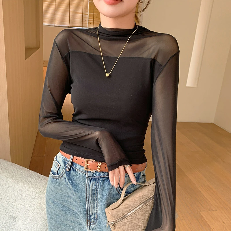 醉梓菡半高领网纱微透气质打底衫女2025新款春夏洋气修身长袖上衣