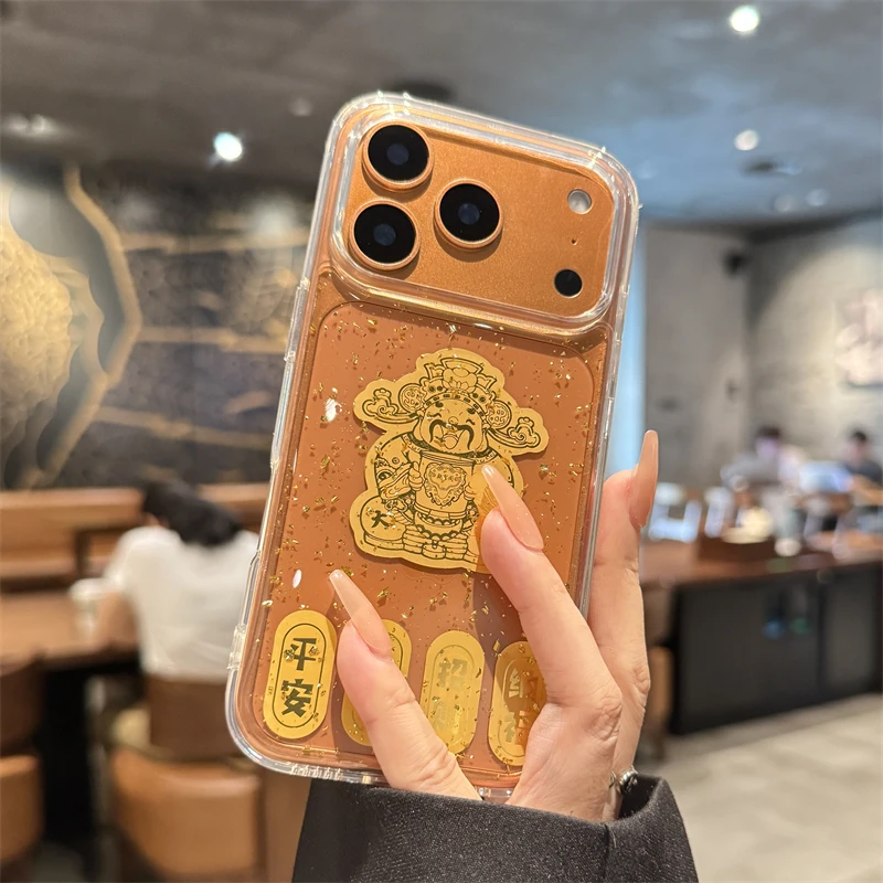 适用于苹果17promax手机壳透明金箔网红男女款创意国潮财神爷个性