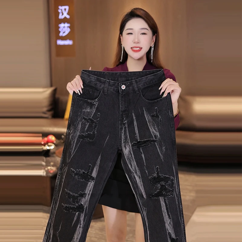 2025秋季水洗免烫男士破洞牛仔裤时尚轻奢显瘦显高潮流直筒裤男款