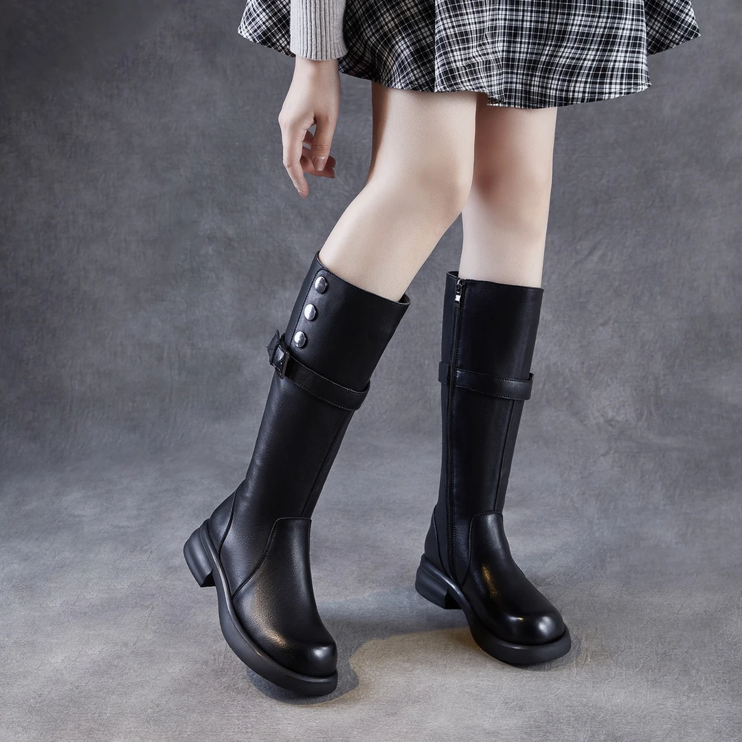 黑色真皮靴子英伦风女靴复古显瘦长靴防滑软底骑士靴皮带扣长筒靴