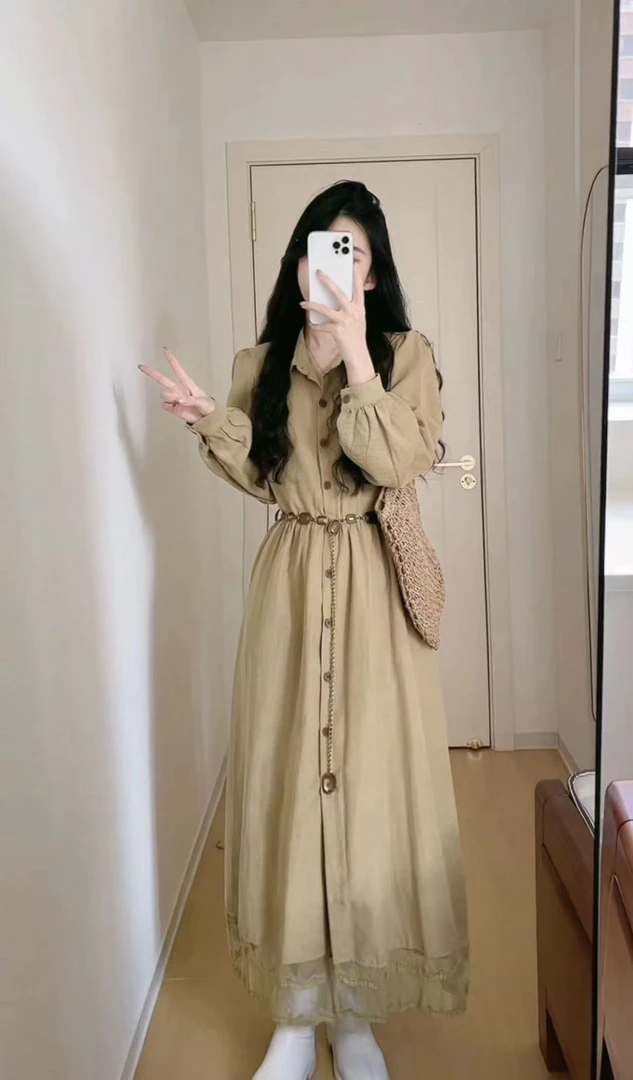 AN.XIN【雪顶泡芙】韩系超好看蕾丝下摆 小众简约连衣裙20254