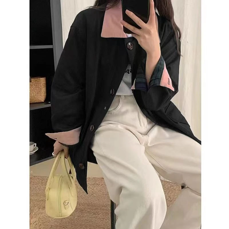 风衣春秋季小个子卡其色风衣外套早春撞色POLO领宽松休闲百搭上衣