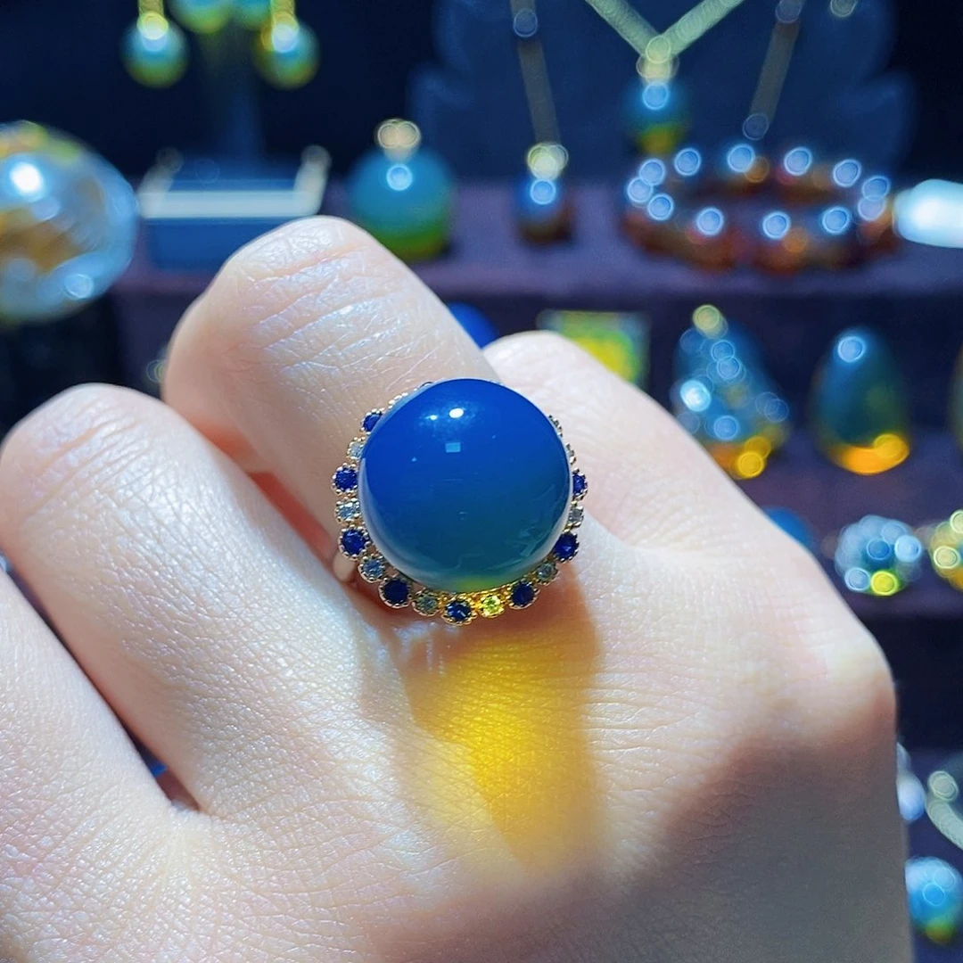 蓝珀戒指银S925镀金镶嵌戒指14m