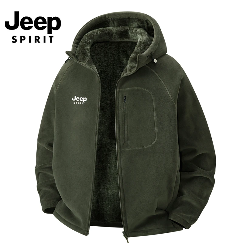 JEEP秋冬男士户外连帽抓绒衣休闲加厚立领刺绣保暖夹克卫衣外套