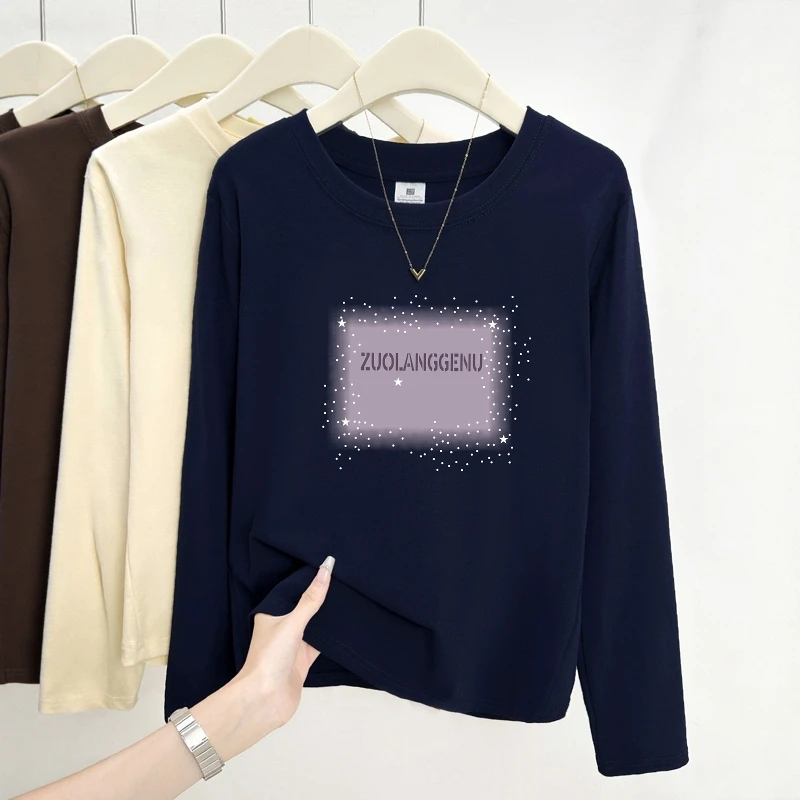 2025秋冬新款创意印花正肩长袖T恤女韩系学院风百搭圆领显瘦上衣