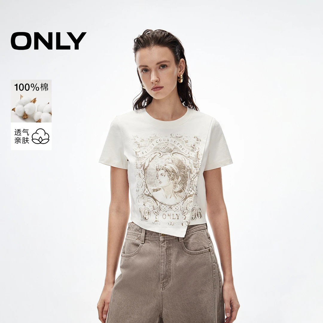 ONLY2025春季新款个性印花纯棉舒适圆领正肩短款T恤女|125101115