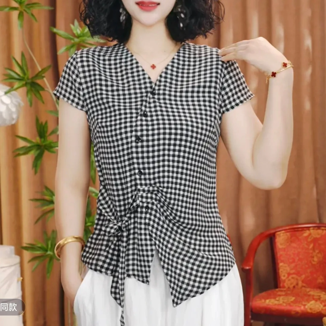 夏季新款休闲洋气短袖气质百搭V领显瘦开衫扣上衣小衫