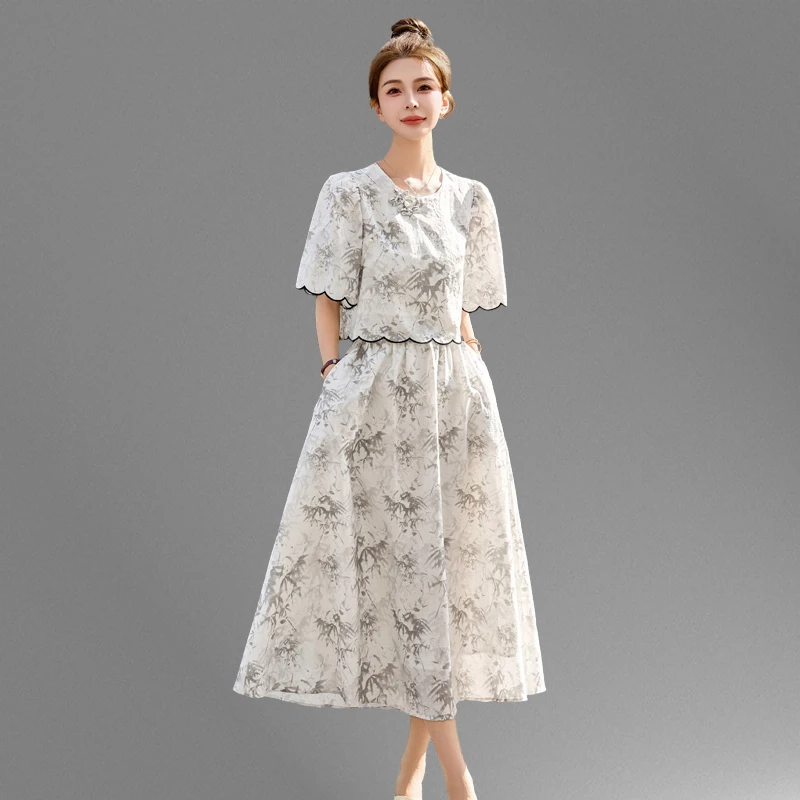 水墨国风套装裙女2025夏季新款高级感短袖上衣新中式半身裙两件套