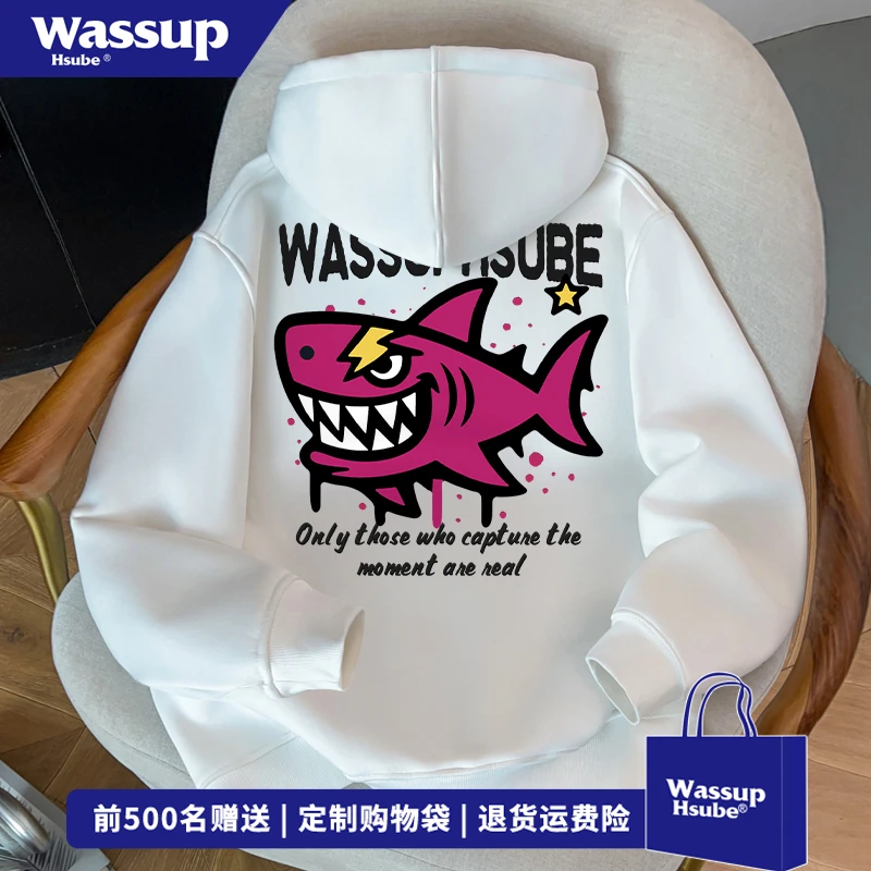 WASSUP HSUBE欧美式高级感鲨鱼印花拉链外套男秋冬季时尚开衫卫衣