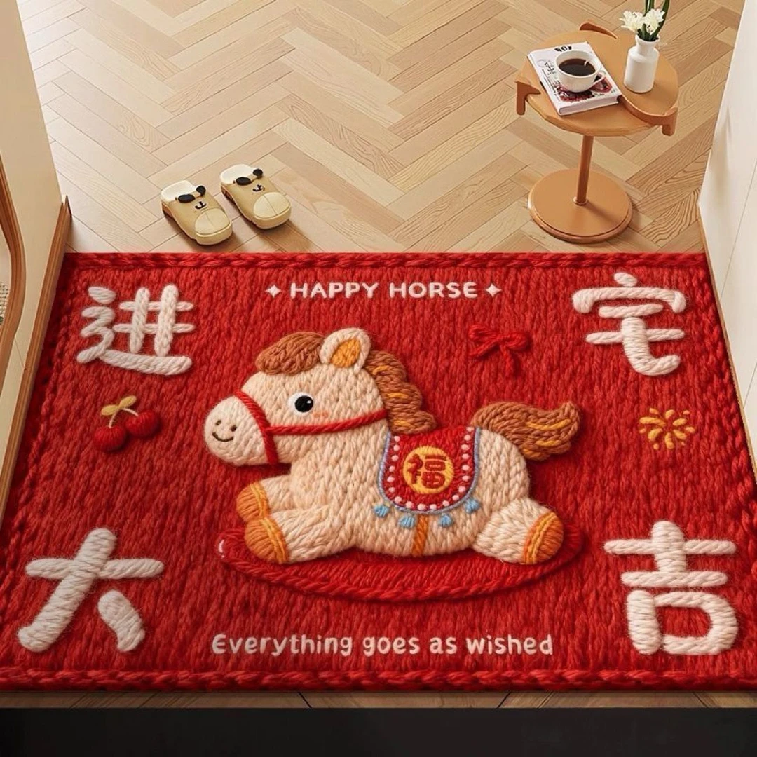 入户门硅藻泥地垫红色喜庆浴室厕所马年新年装饰卡通地毯家庭B